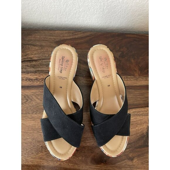 Spring Step Wedge Floral Black faux suede Sandals Womens 8/38 Comfort - Picture 2 of 6